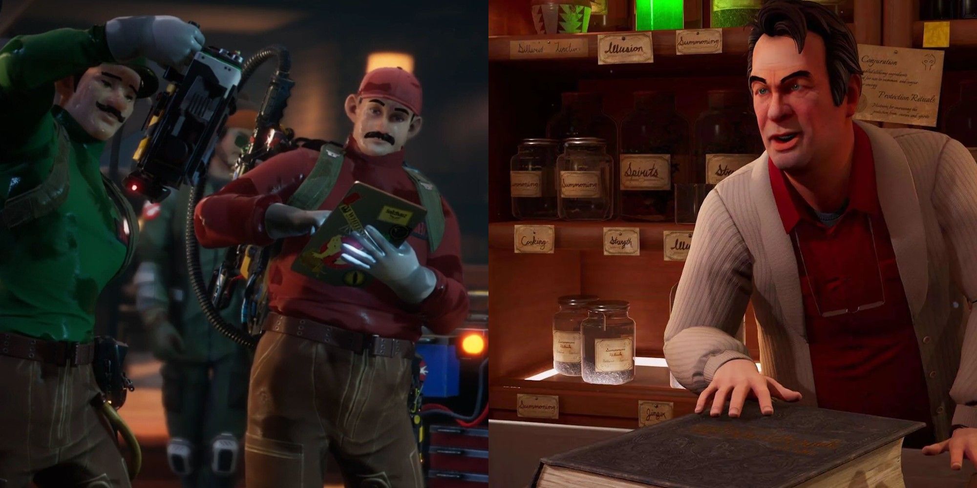 Ghostbusters-Spirits-Unleashed Split Image with mario and luigi custom characters on the left and Ray, an original ghostbuster, on the right.
