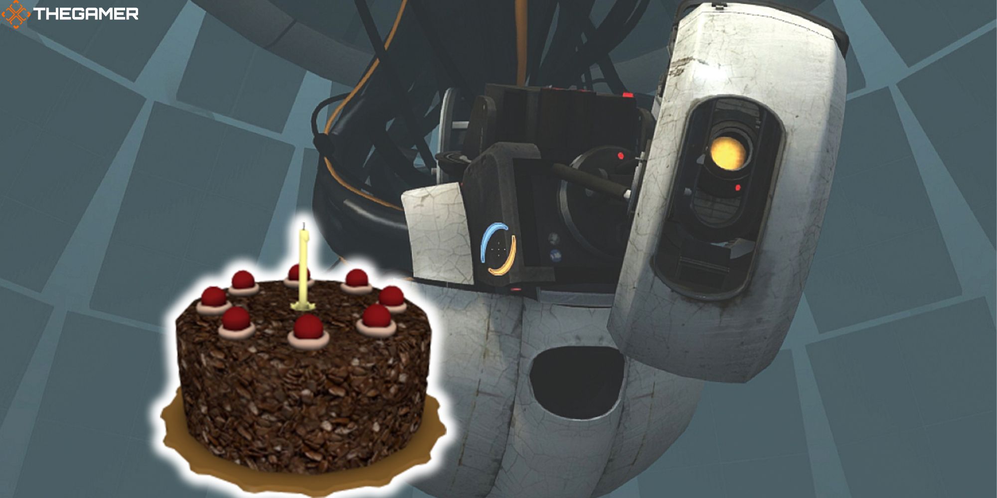 GLaDOS hovers next to a chocolate cake topped with berries. Custom image for TG.
