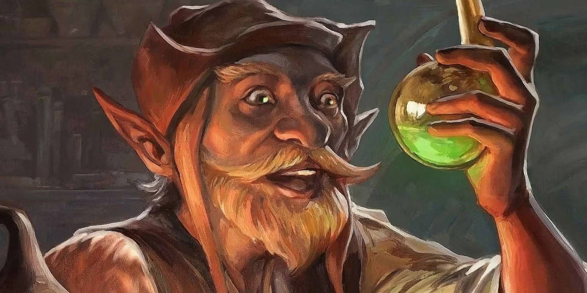 A gnome holds a vial of green liquid
