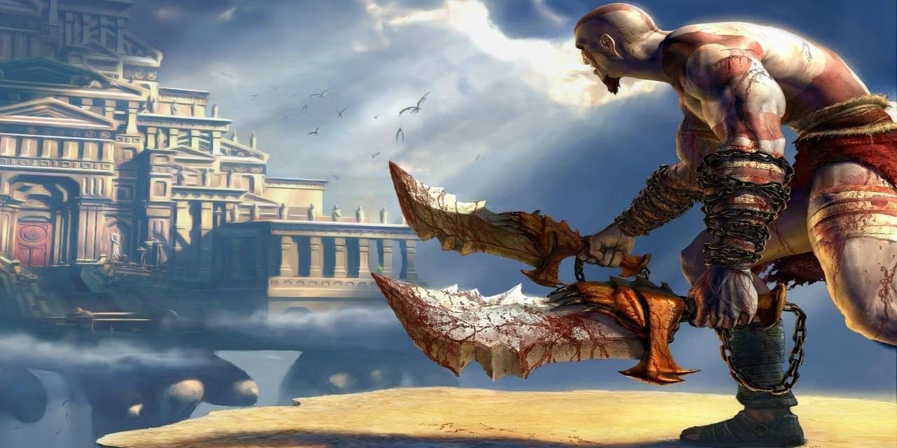 Kratos approaching a city, from God of War artwork
