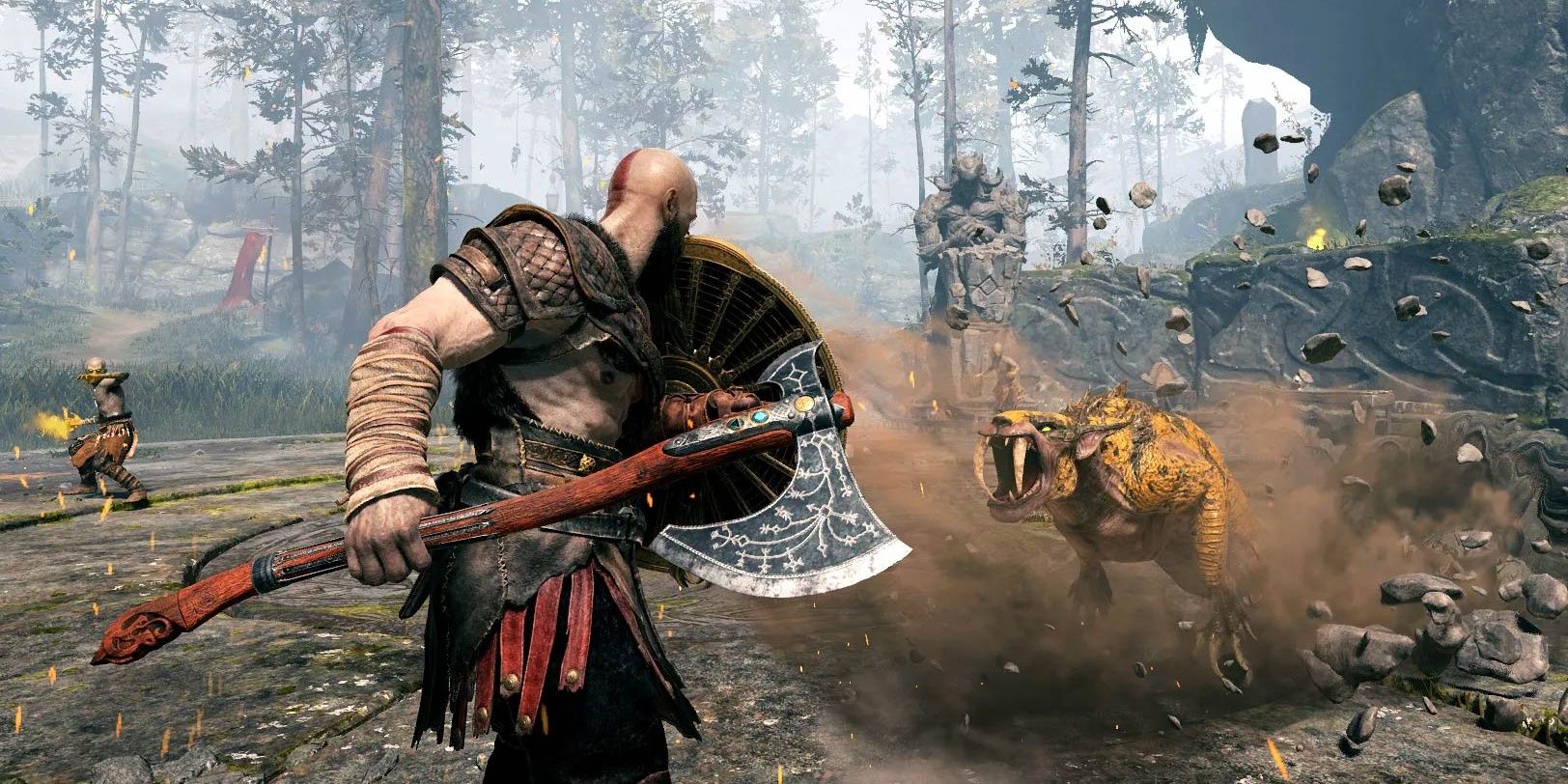 Kratos fights a group of enemies in God of War
