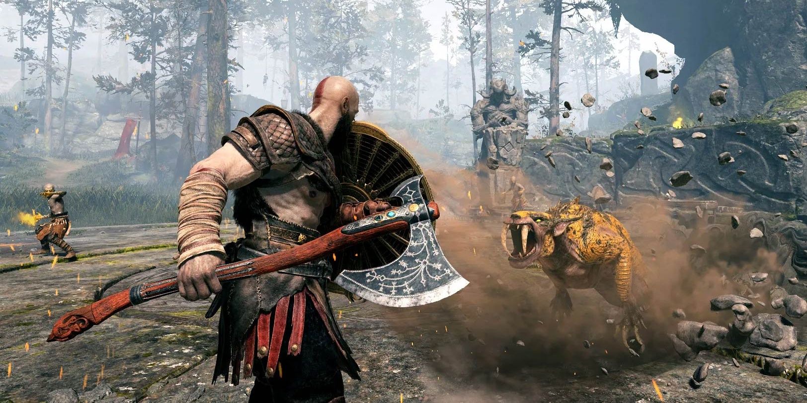 Kratos fighting a group of enemies in God of War