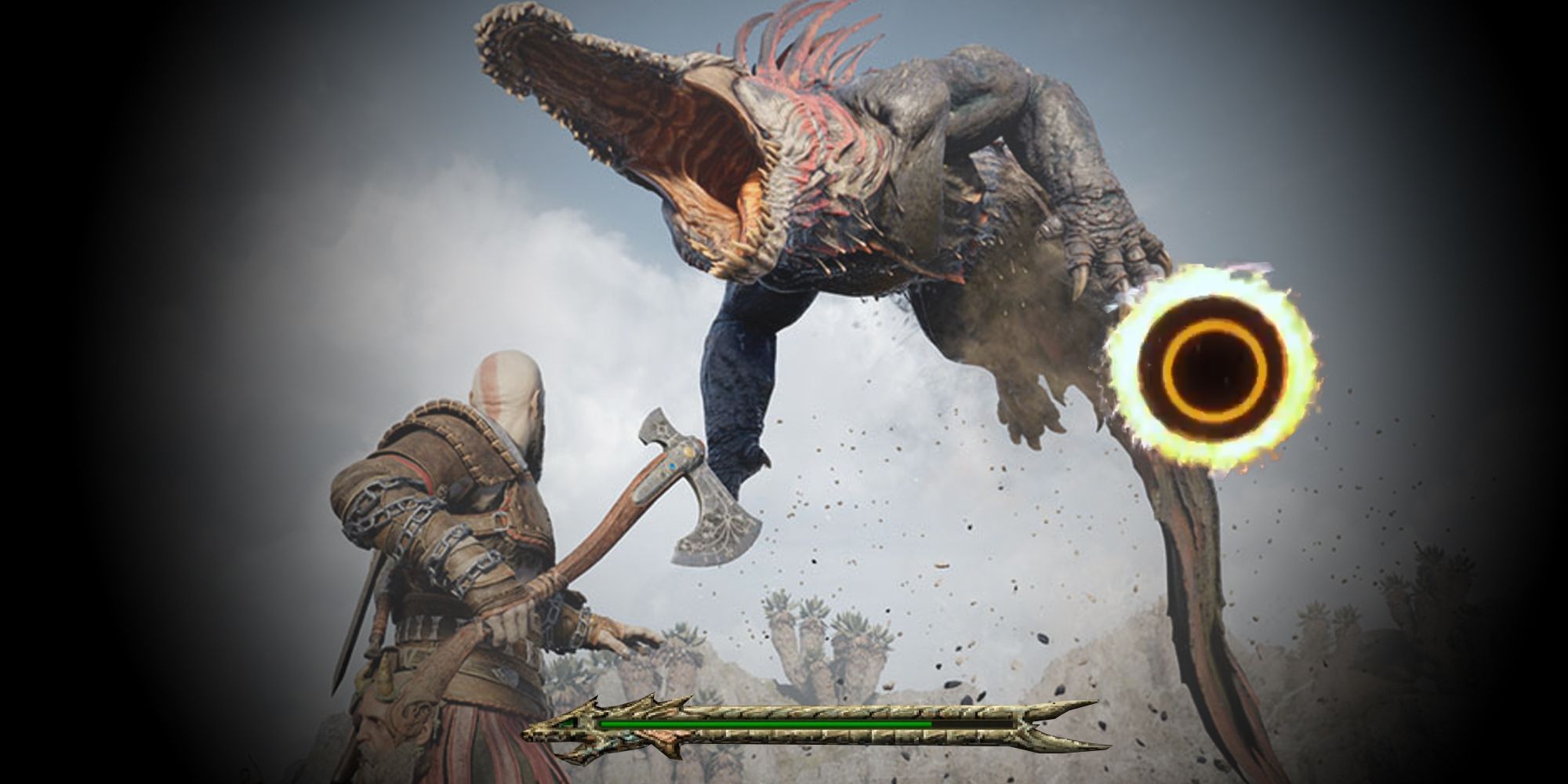 God of War kratos fighting a giant lizard monster and a circle button prompt appears