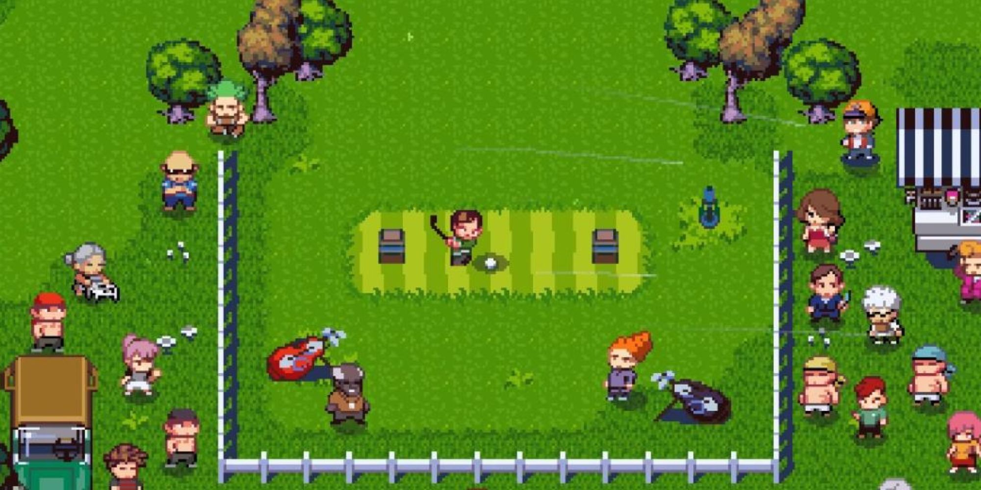 A character prepares to golf surrounded by spectators