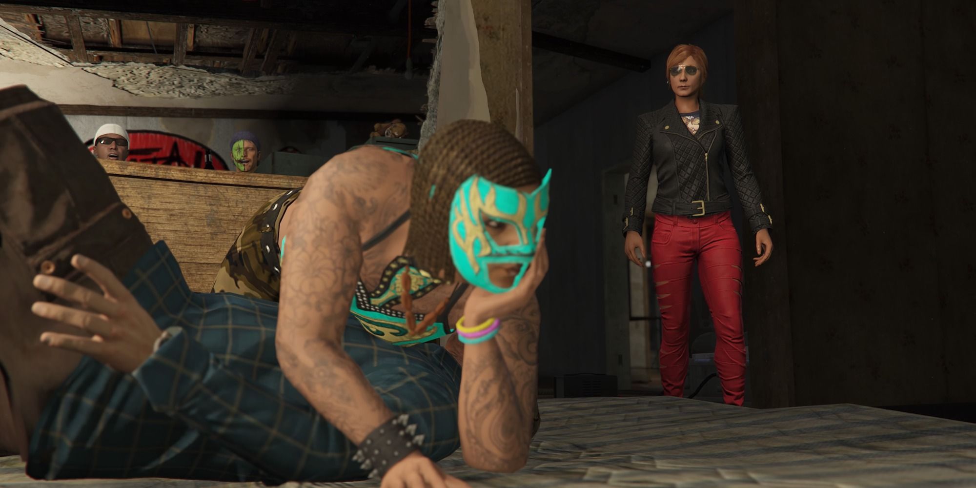 GTA Online  character pinning down Ron in cinematic