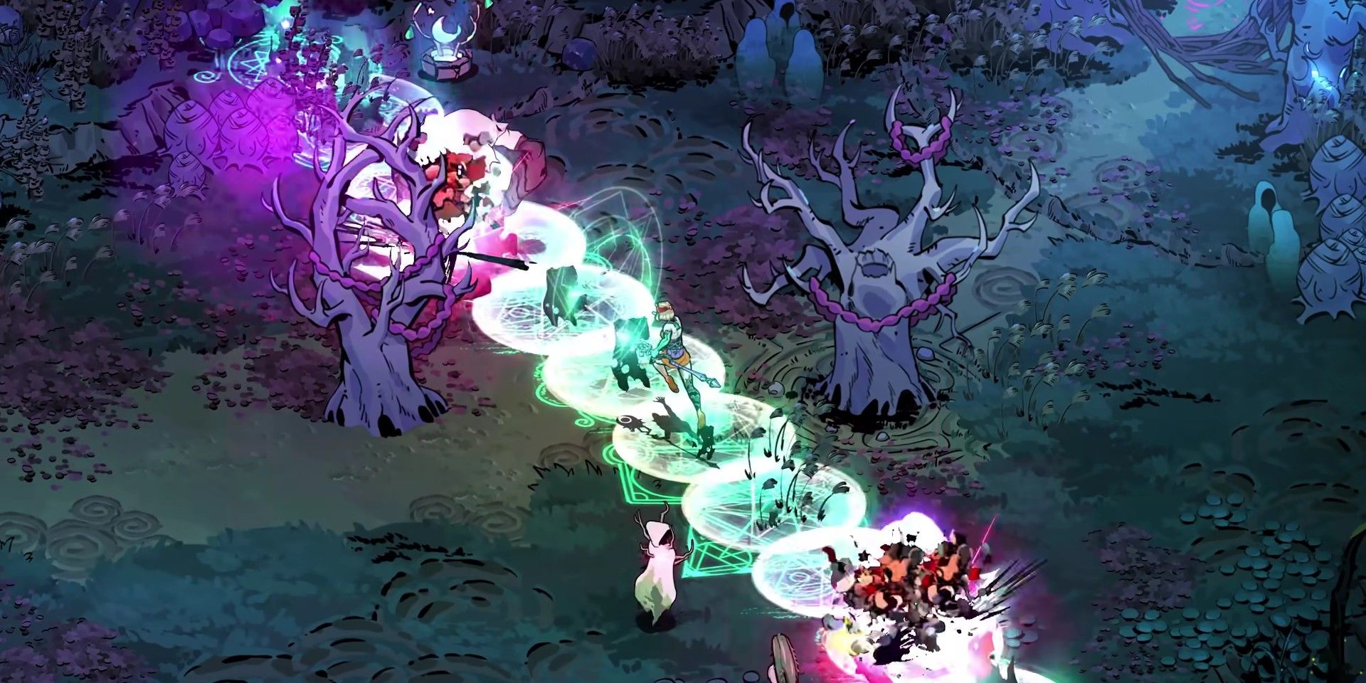 Hades 2 screenshot of Melinoe casting a magical spell at a group of enemies in a forest-like area