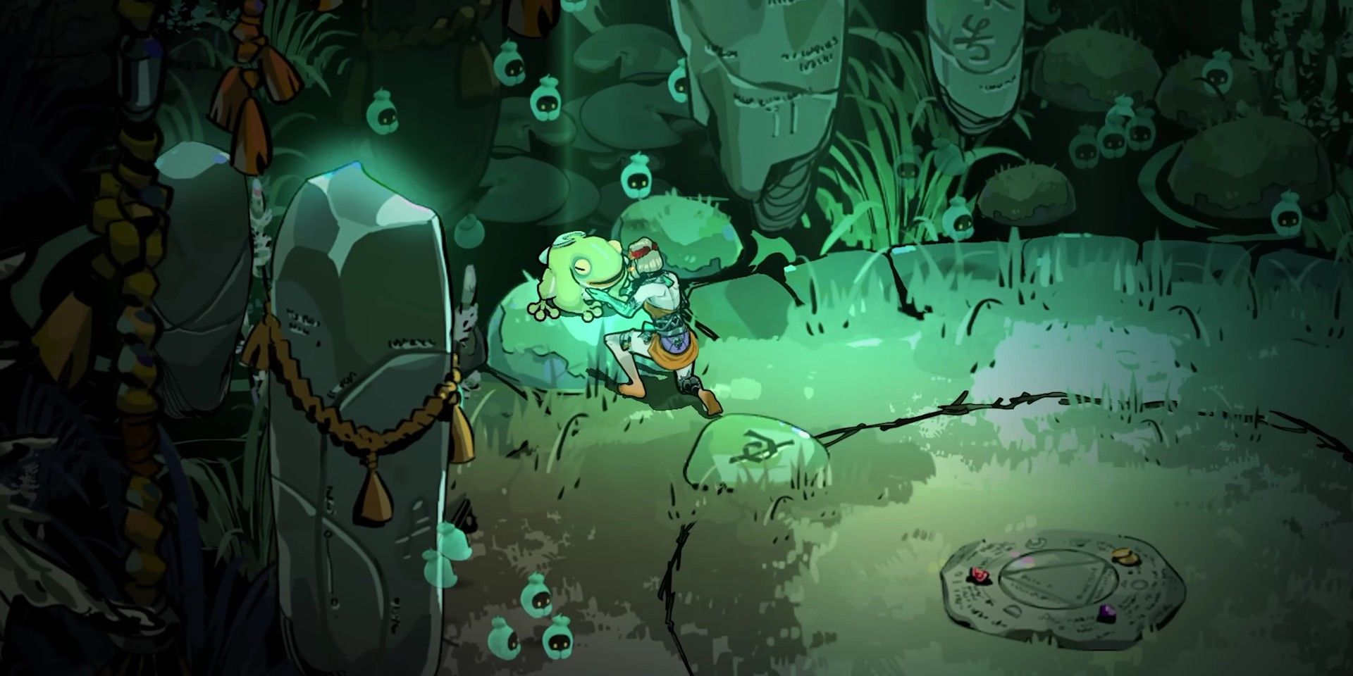 Hades 2 screenshot of Melinoe interacting with a small frog