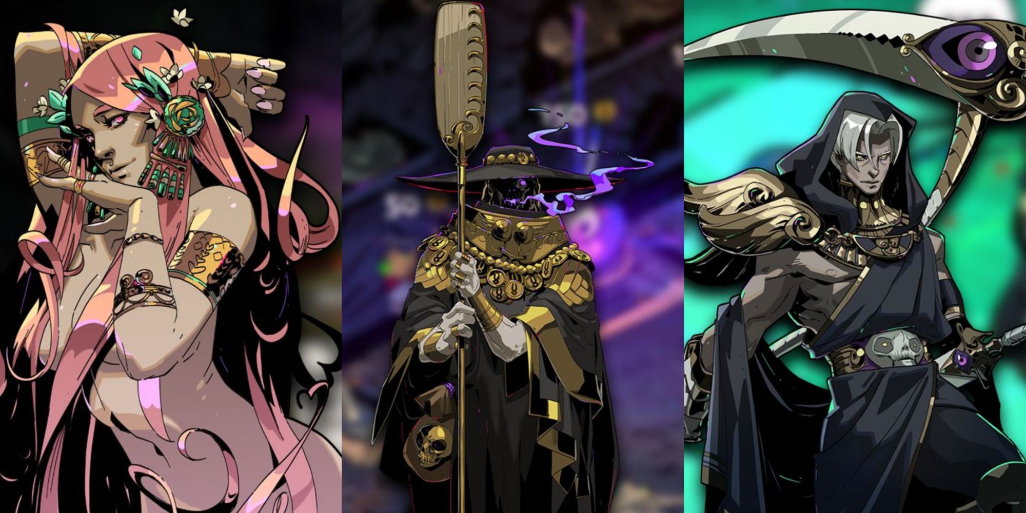 In-game portraits of Aphrodite, Charon, and Thanatos, left to right
