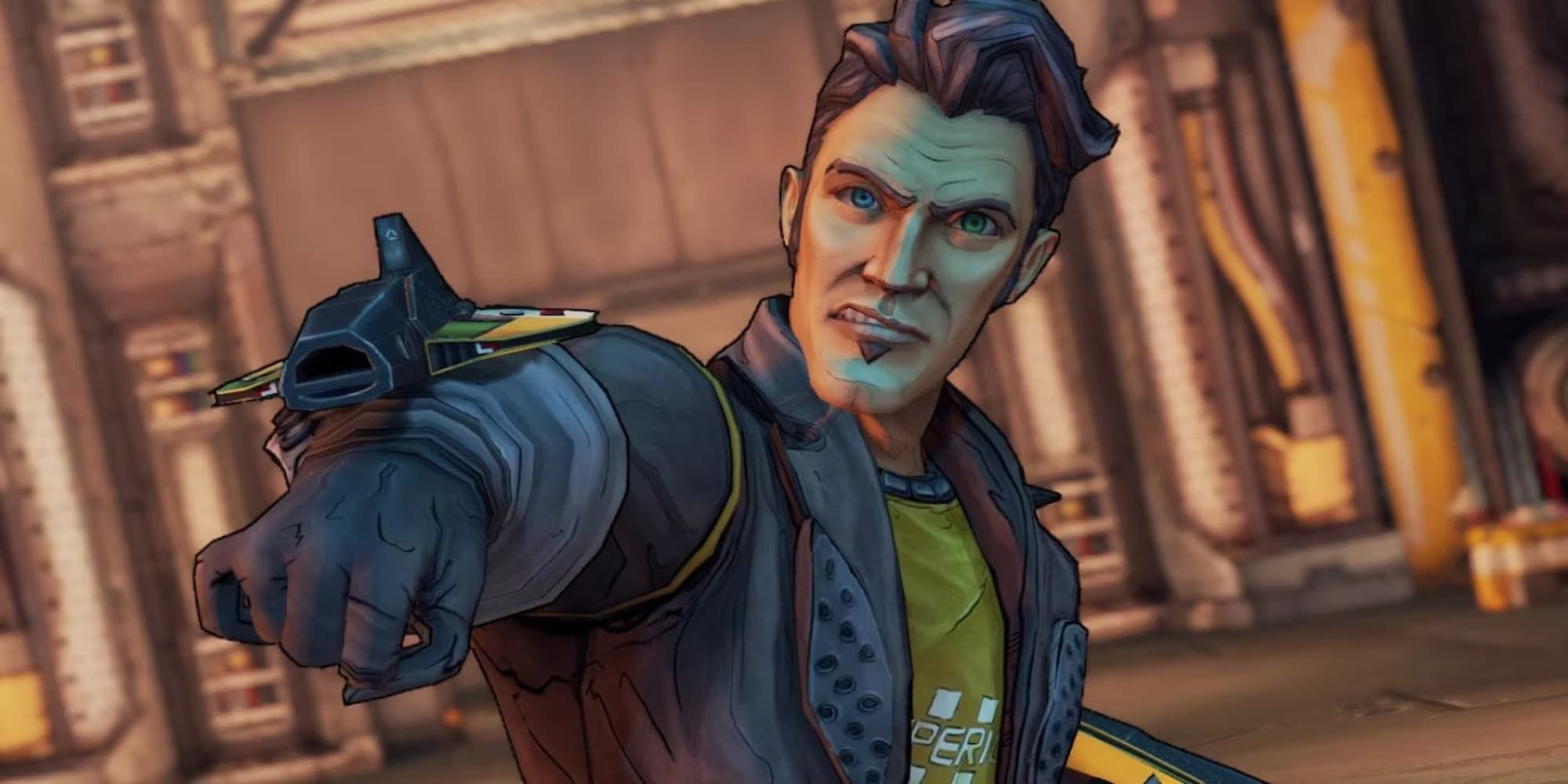 Handsome Jack points a wrist-mounted weapon forward.