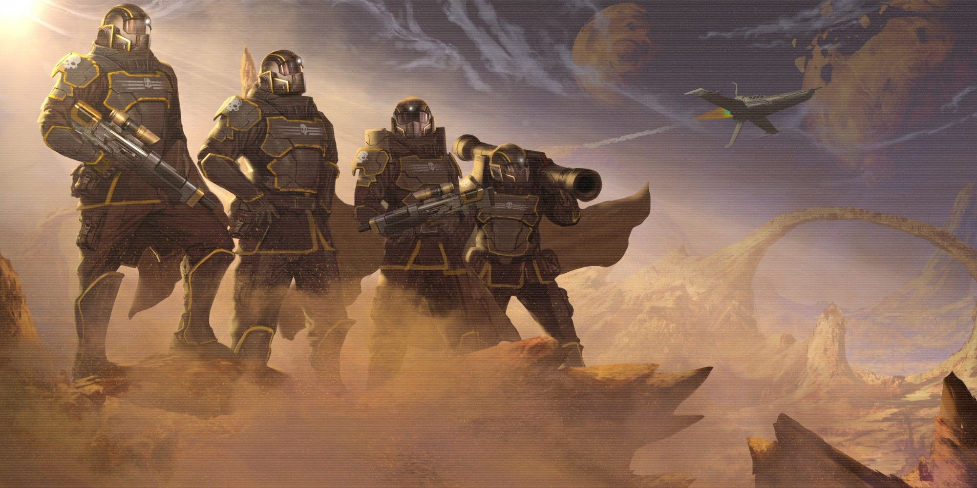 Helldivers - four player characters standing on a cliff