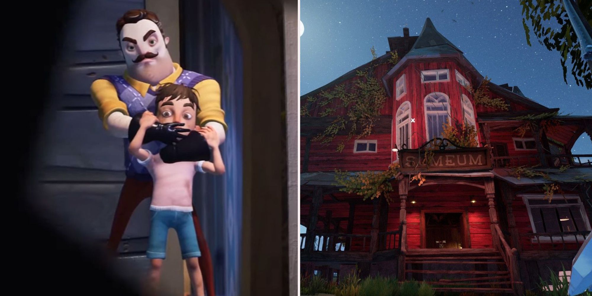 The left photo is The Neighbor holding his hand over a young boys mouth. The right photo is an outside view of The Museum from Hello Neighbor 2.