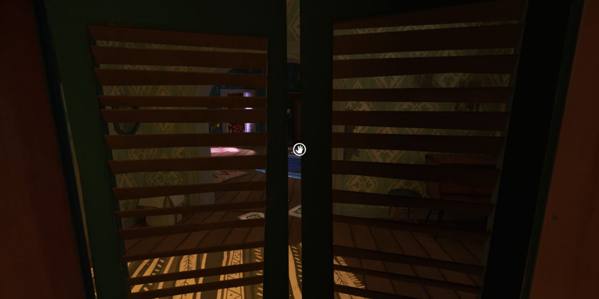 Hiding in a wooden cupboard after hearing someone patrolling the house the player is in.