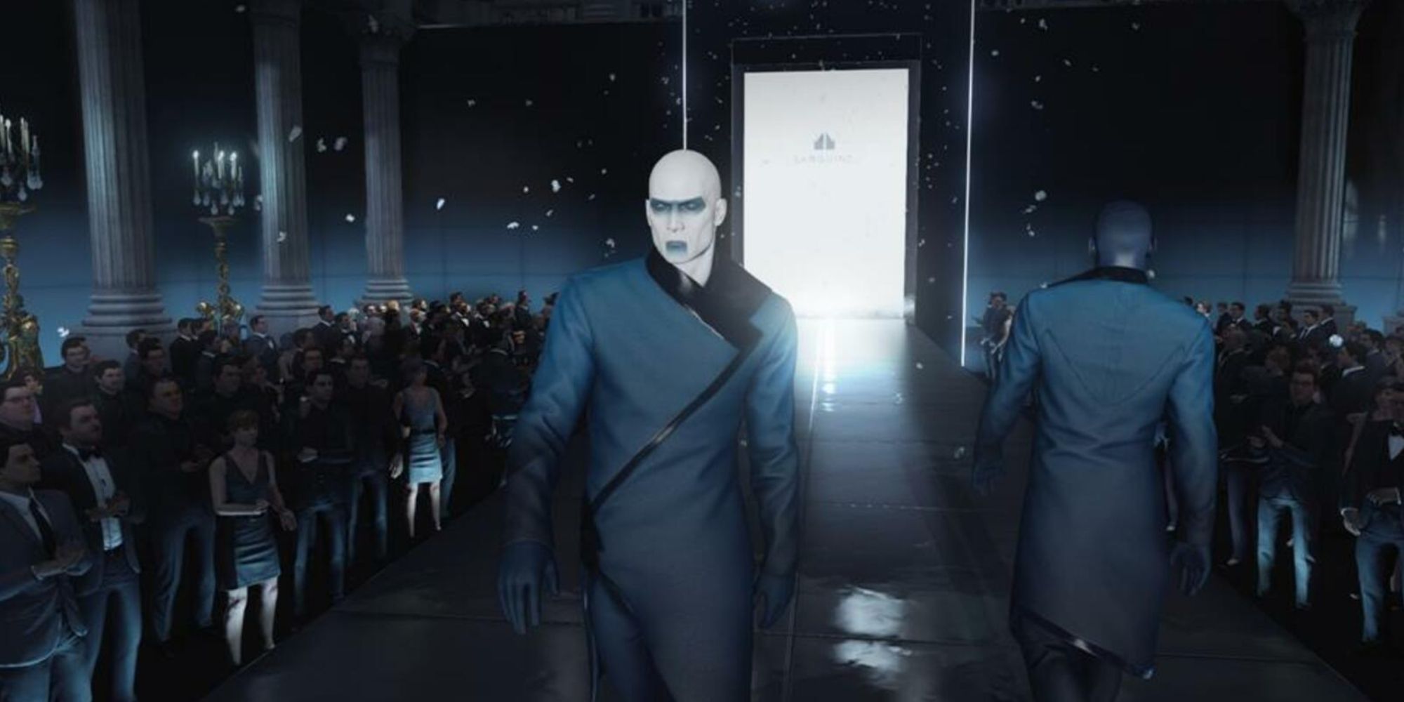 Agent 47 walking on the catwalk for a fashion show in The Showstopper mission in Hitman 2016