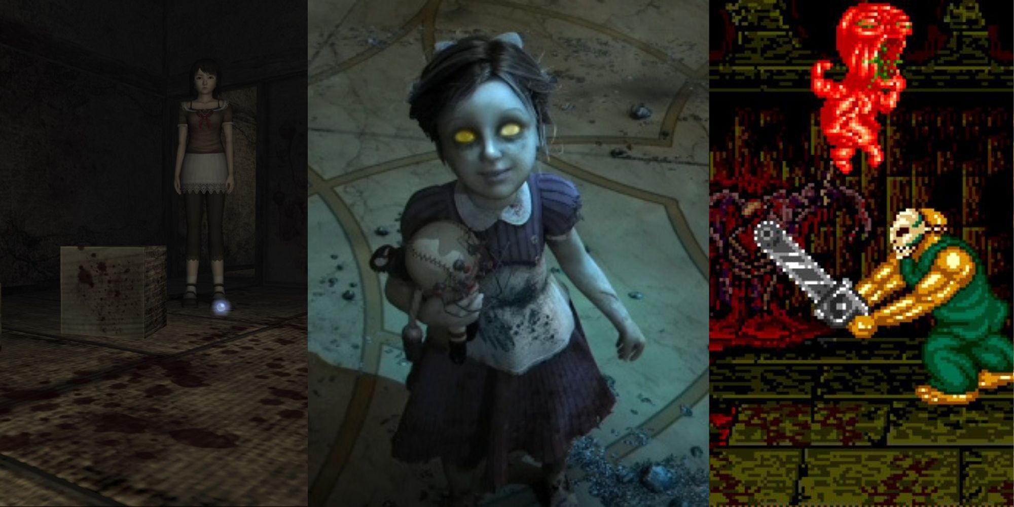 Three horror images from Bioshock, Splatterhouse 2 and Fatal Frame 2