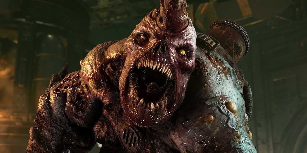 A Plague Ogryn screaming in Warhammer 40,000: Darktide