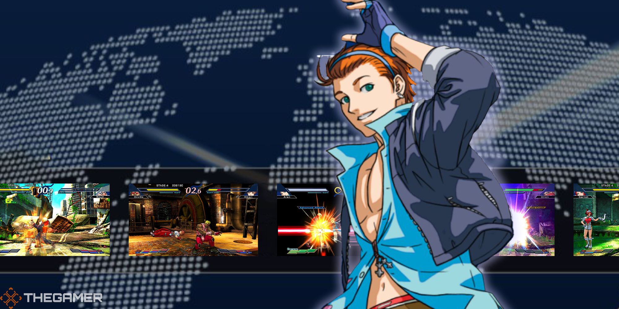 Aran stands against a globe featuring screenshots from The Rumble Fish 2.