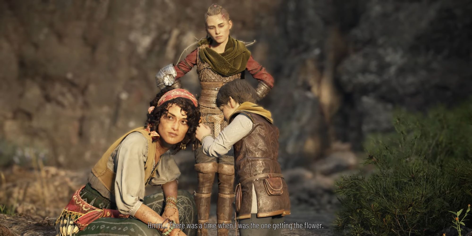 Hugo giving Sophia a flower from A Plague Tale Requiem