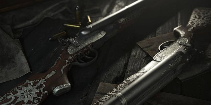 Hunt Showdown Nitro Express weapon on both sides lying on a table