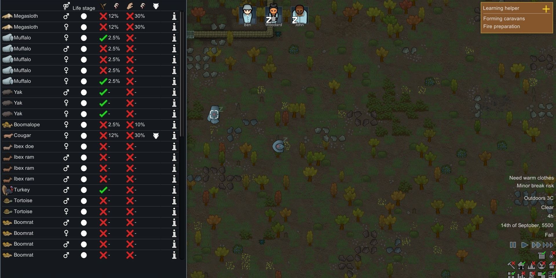 RimWorld's menu for hunting creatures