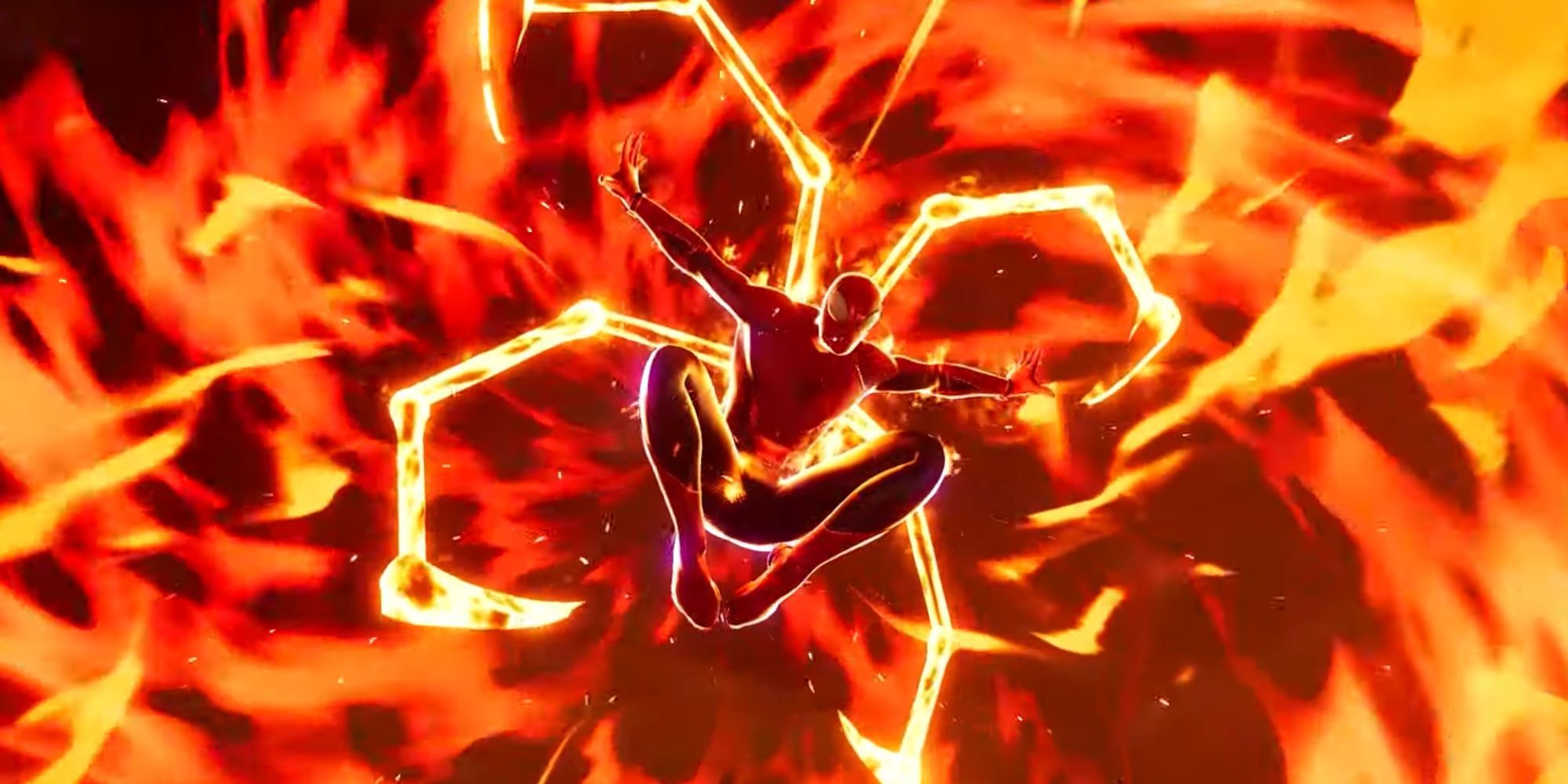 Peter Parker using his "Infernal Spider" ability. Peter has orange energised versions of the Iron Spider legs, with fire surrounding him.