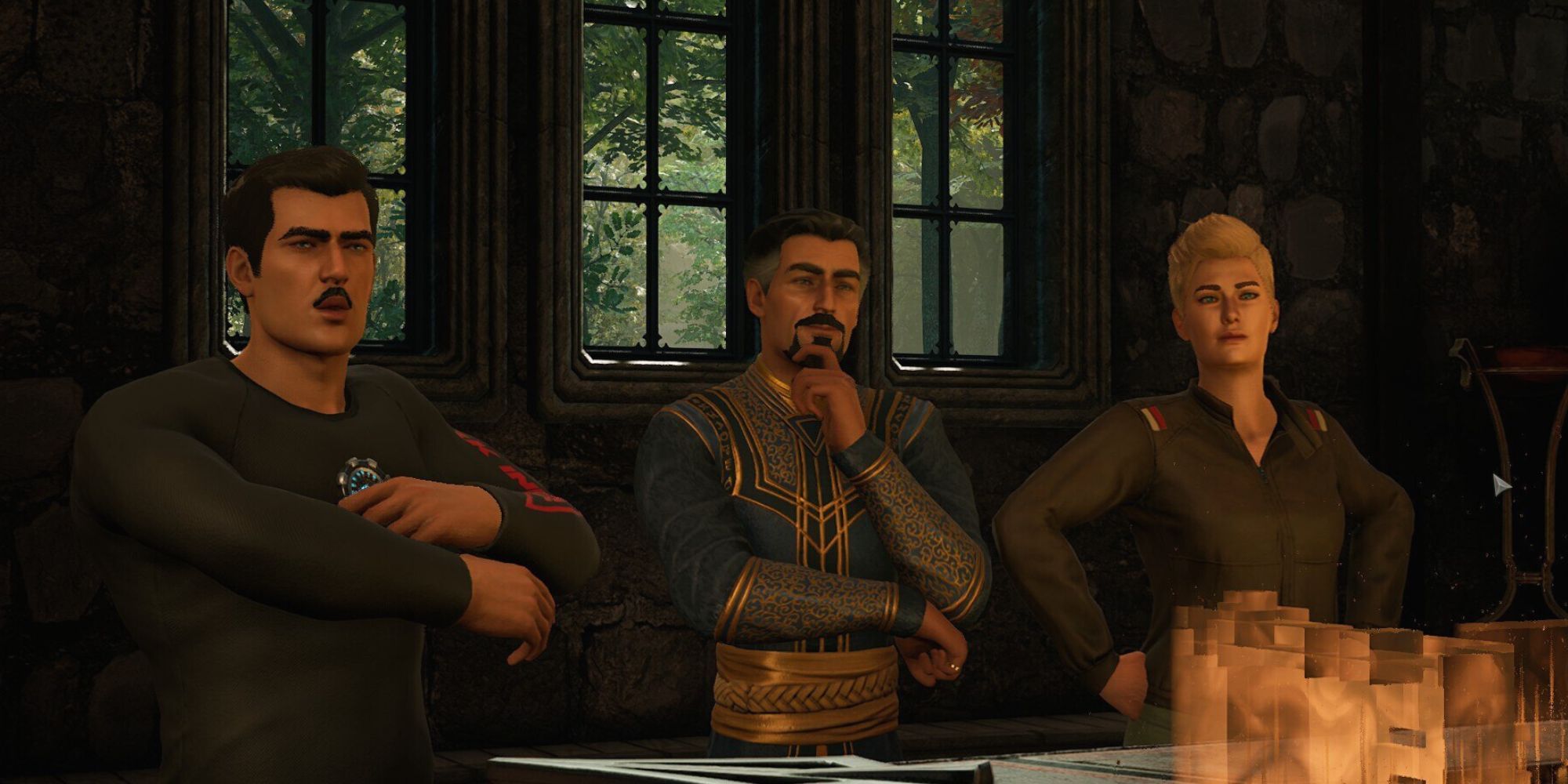 Tony Stark, Doctor Strange, and Carol Danvers standing by the war table.