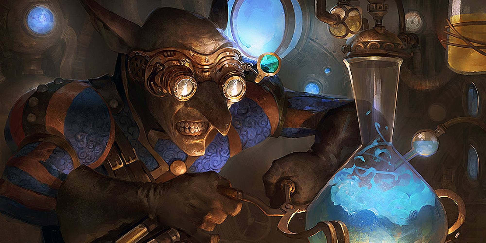 A goblin in goggles uses pincers to hold a glowing blue liquid in a vial