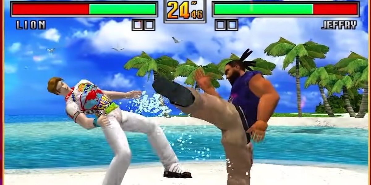 Jeffry kicking Lion on the beach in Virtua Fighter 3.