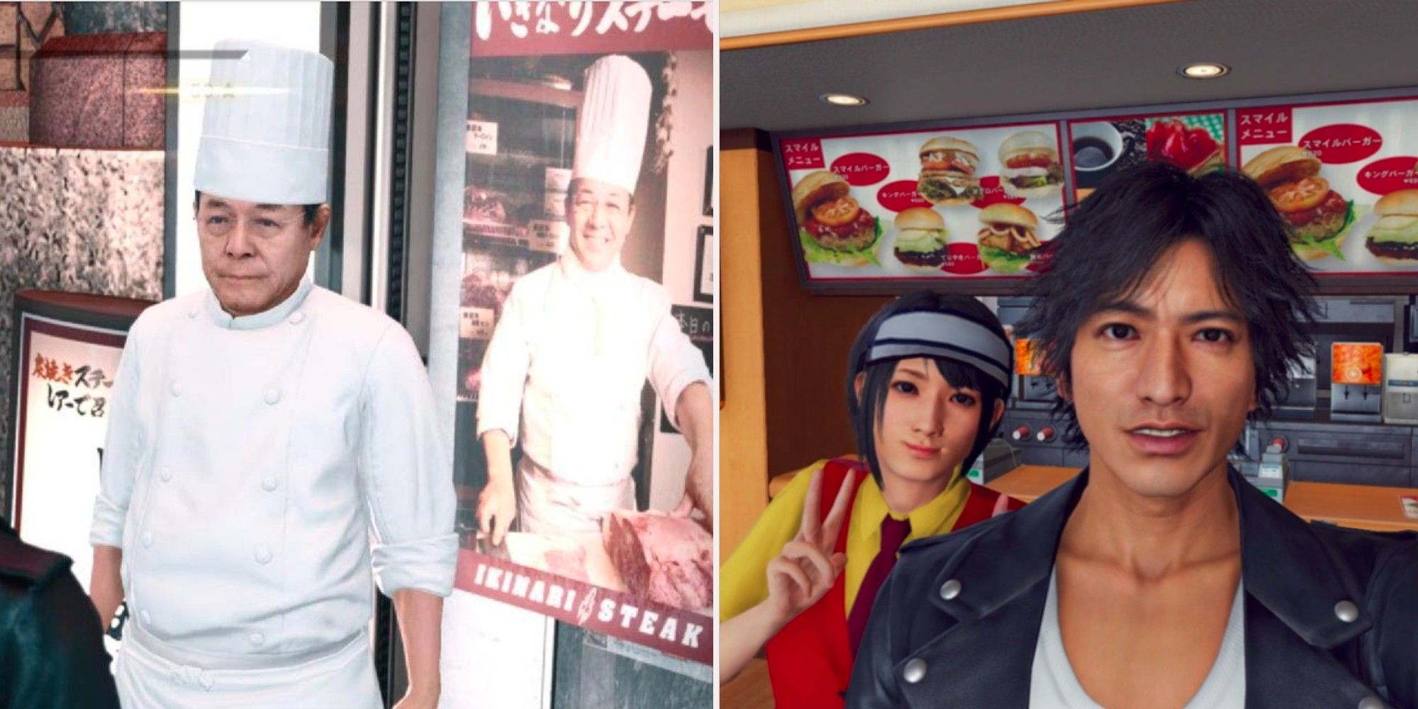 A collage showing the chef on the left and a worker on a burger store taking a selfie with the protagonist on the right.