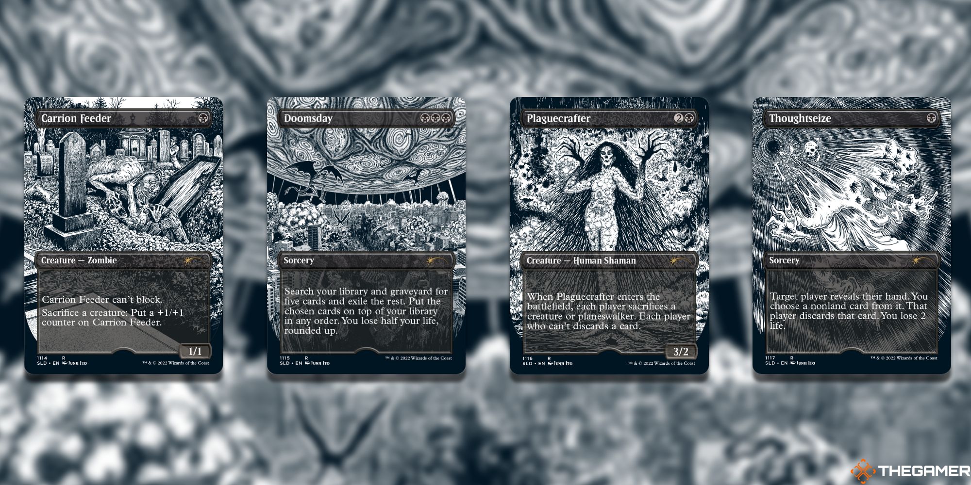 Four cards with artwork from Junji Ito, from a Magic: The Gathering Secret Lair drop.