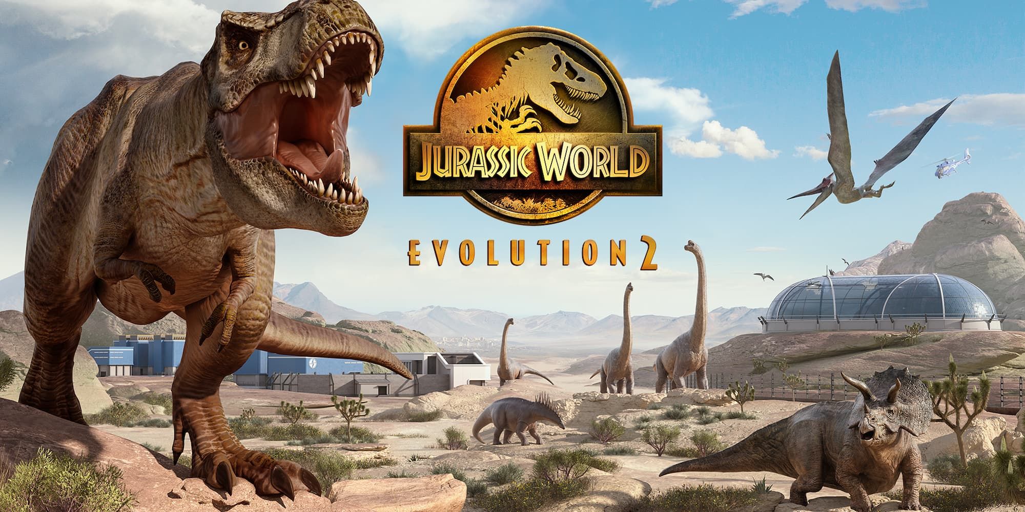 A T-Rex and other dinosaurs travel through a desert-like biome in an official image for Jurassic World Evolution 2.