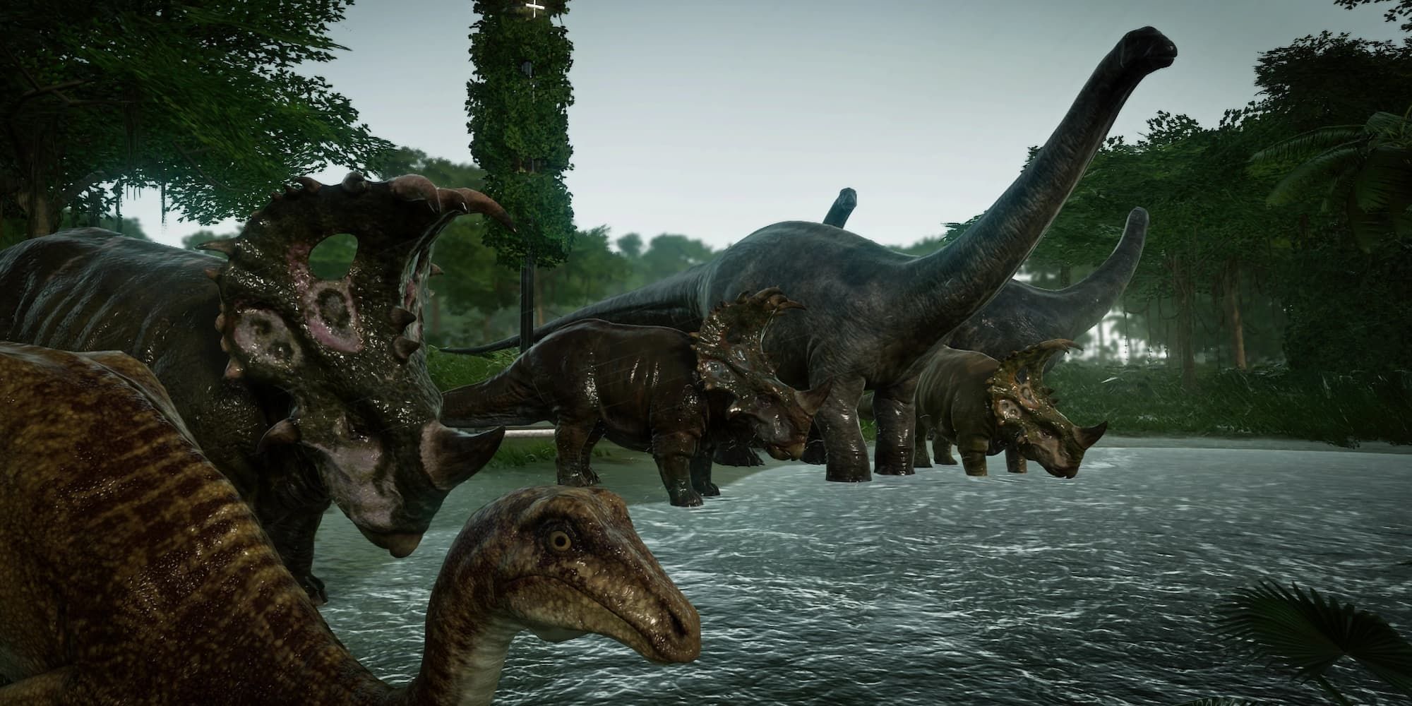 Several dinosaurs cross a body of water in Jurassic World Evolution.