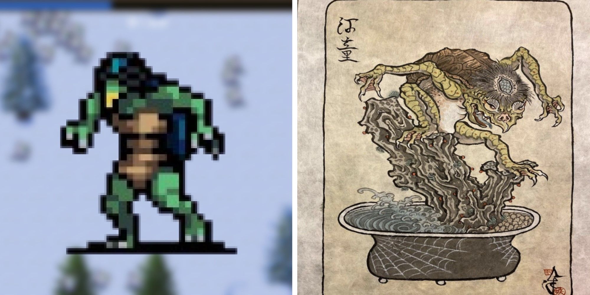 Sprite of the Kappa from Vampire Survivors alongside traditional art of a Kappa.