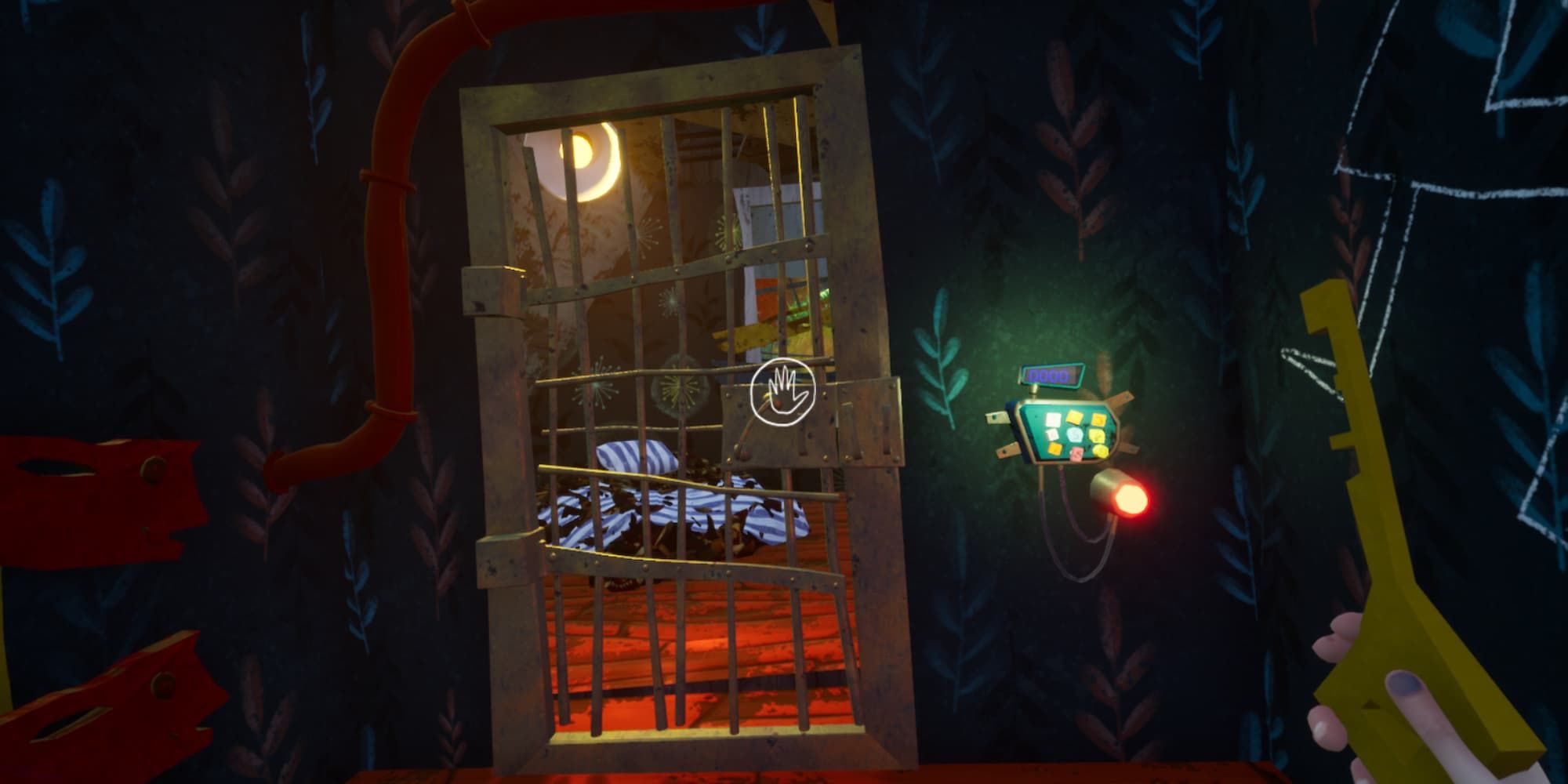 The player approaches a locked gate with a yellow key in Hello Neighbor 2.