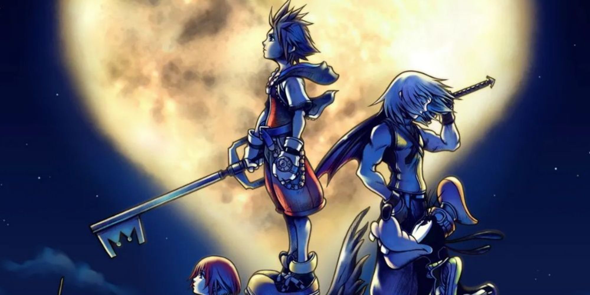 Box Art for Kingdom Hearts showing Sora, Riku and Goofy in front of Kingdom Hearts in the night sky.