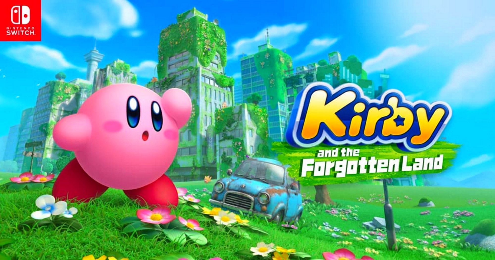 kirby and the forgotten land cover switch logo car and city