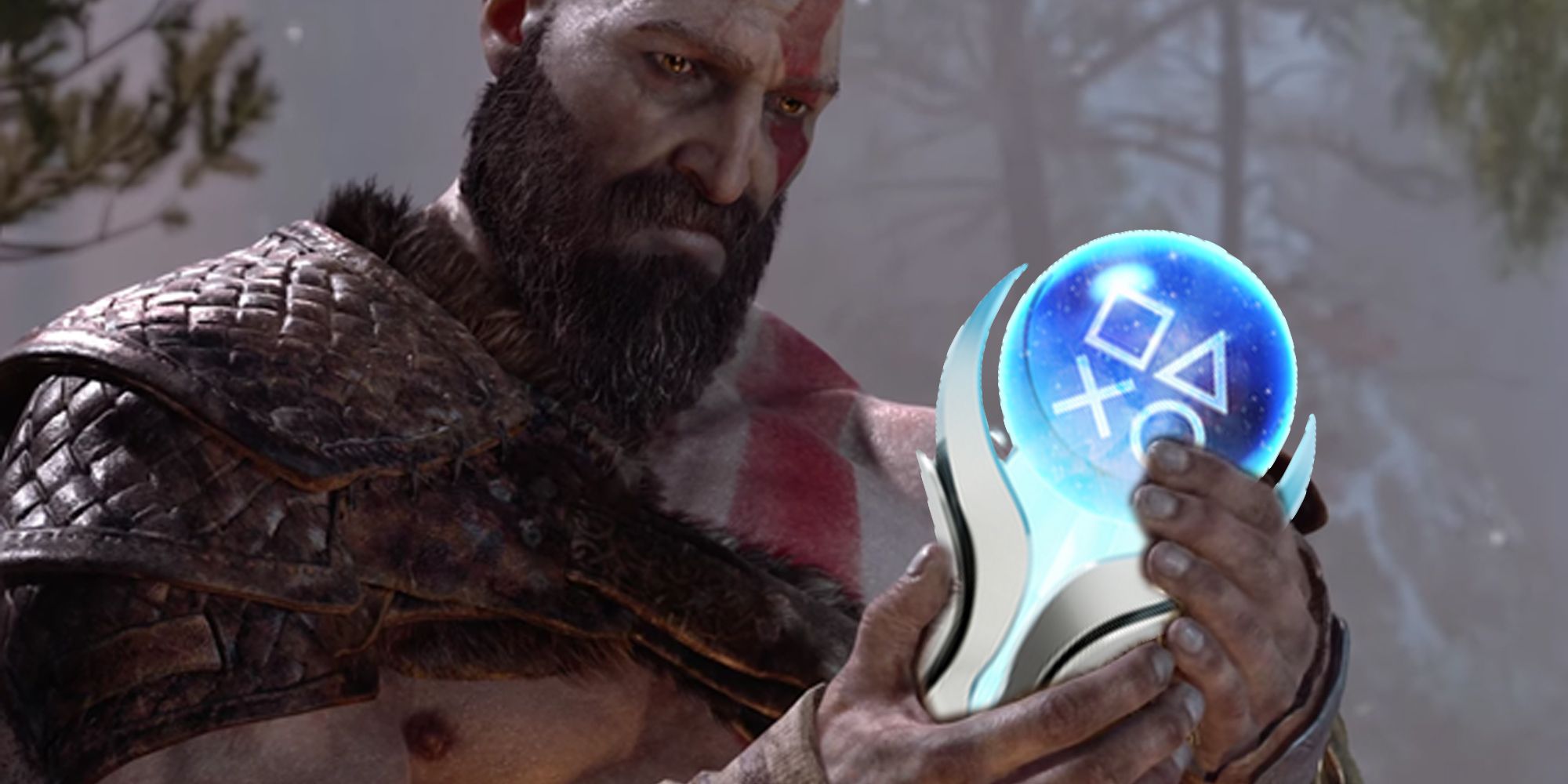 kratos holding a ps platinum trophy