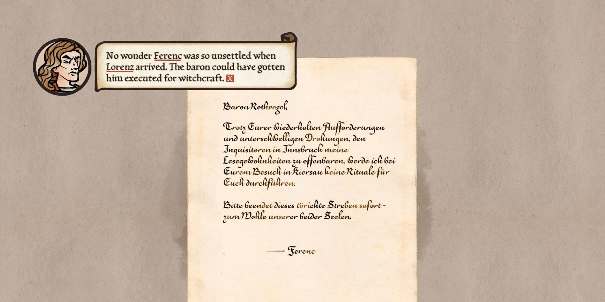 Letter to Lord Rothvogel from Ferenc in Pentiment