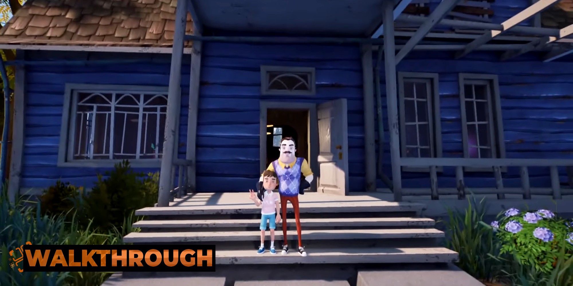 The neighbor stands in front of his house and poses for a photo with a little boy in Hello Neighbor 2