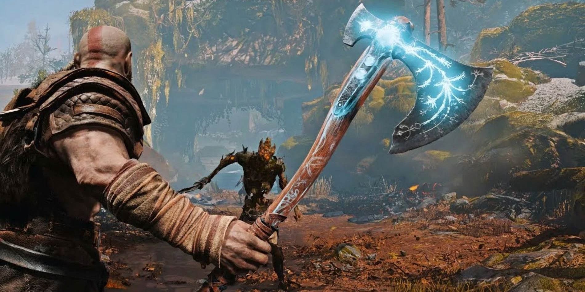 Kratos ready to attack a Draugr with the Leviathan Axe in God of War 2018