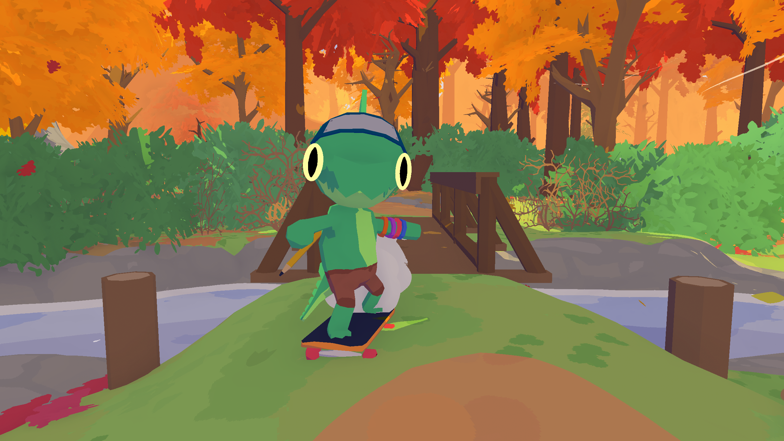 Lil Gator riding a skateboard.