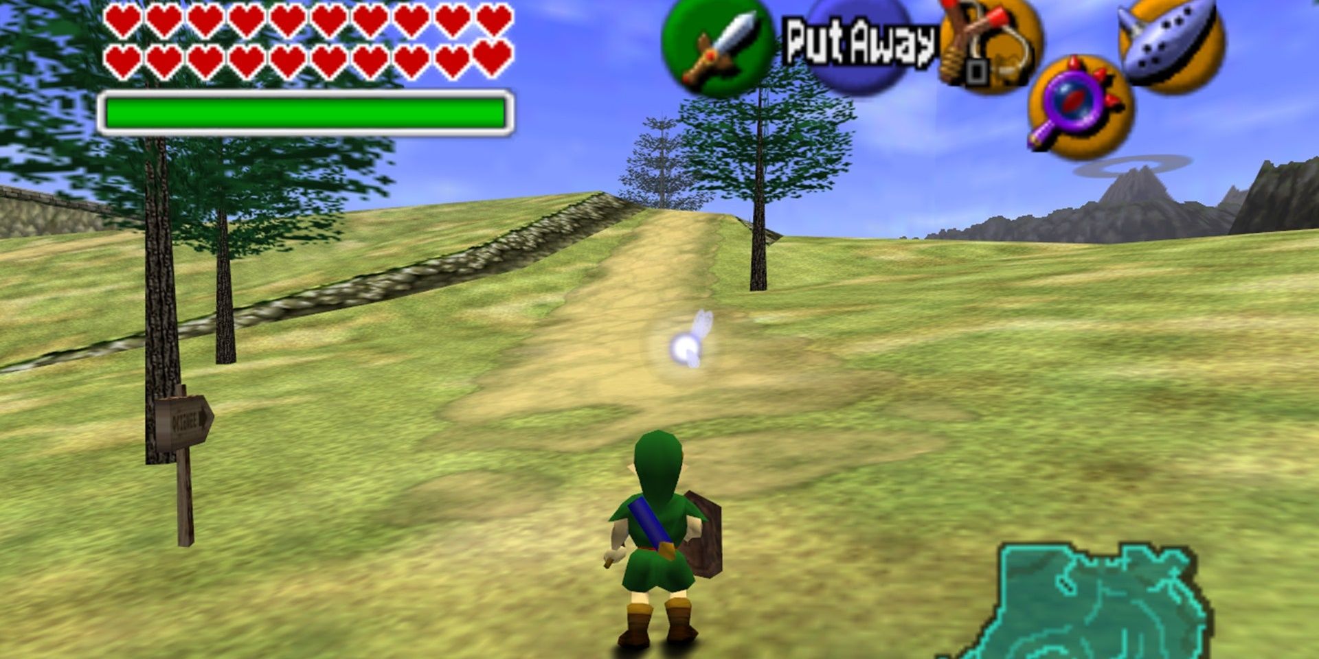 The Legend Of Zelda: Ocarina of Time - Link In Hyrule Fields. The Health Bar Is In The Top Left Corner