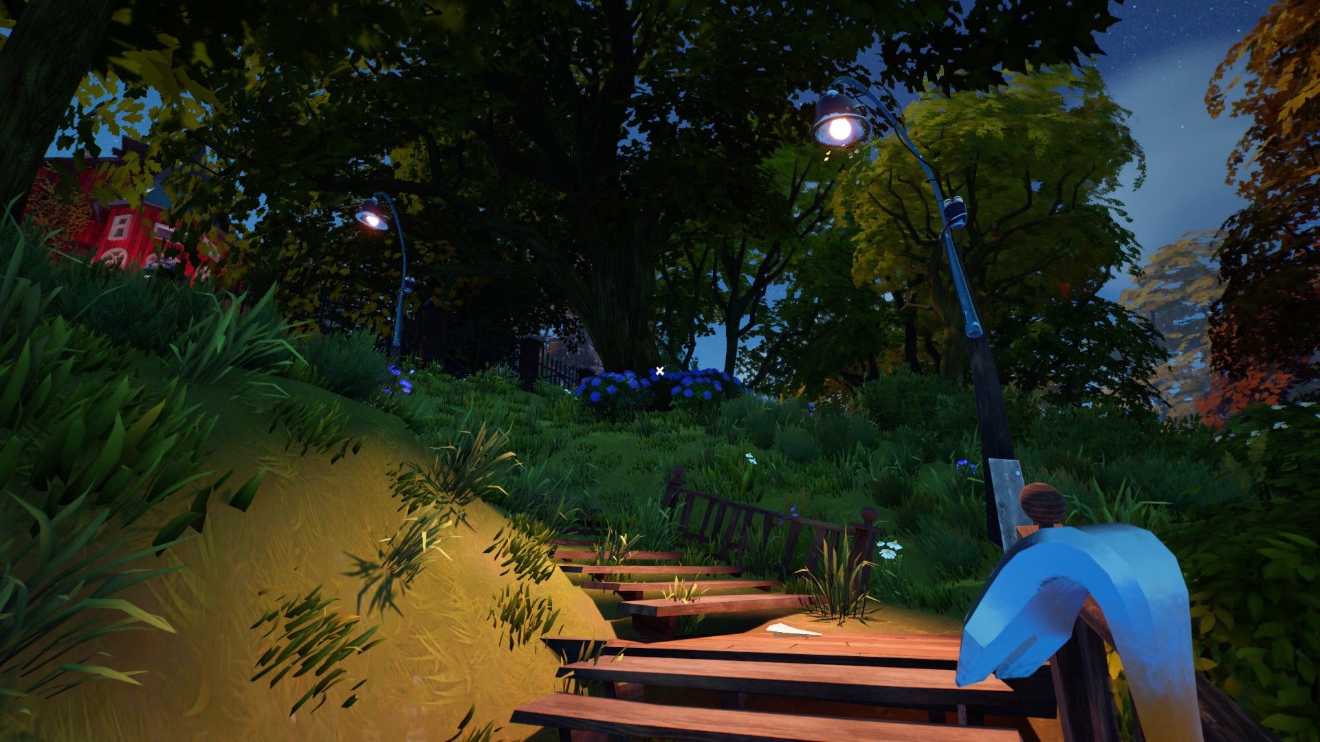 Streetlamps marking the path up to the museum in Hello neighbor 2