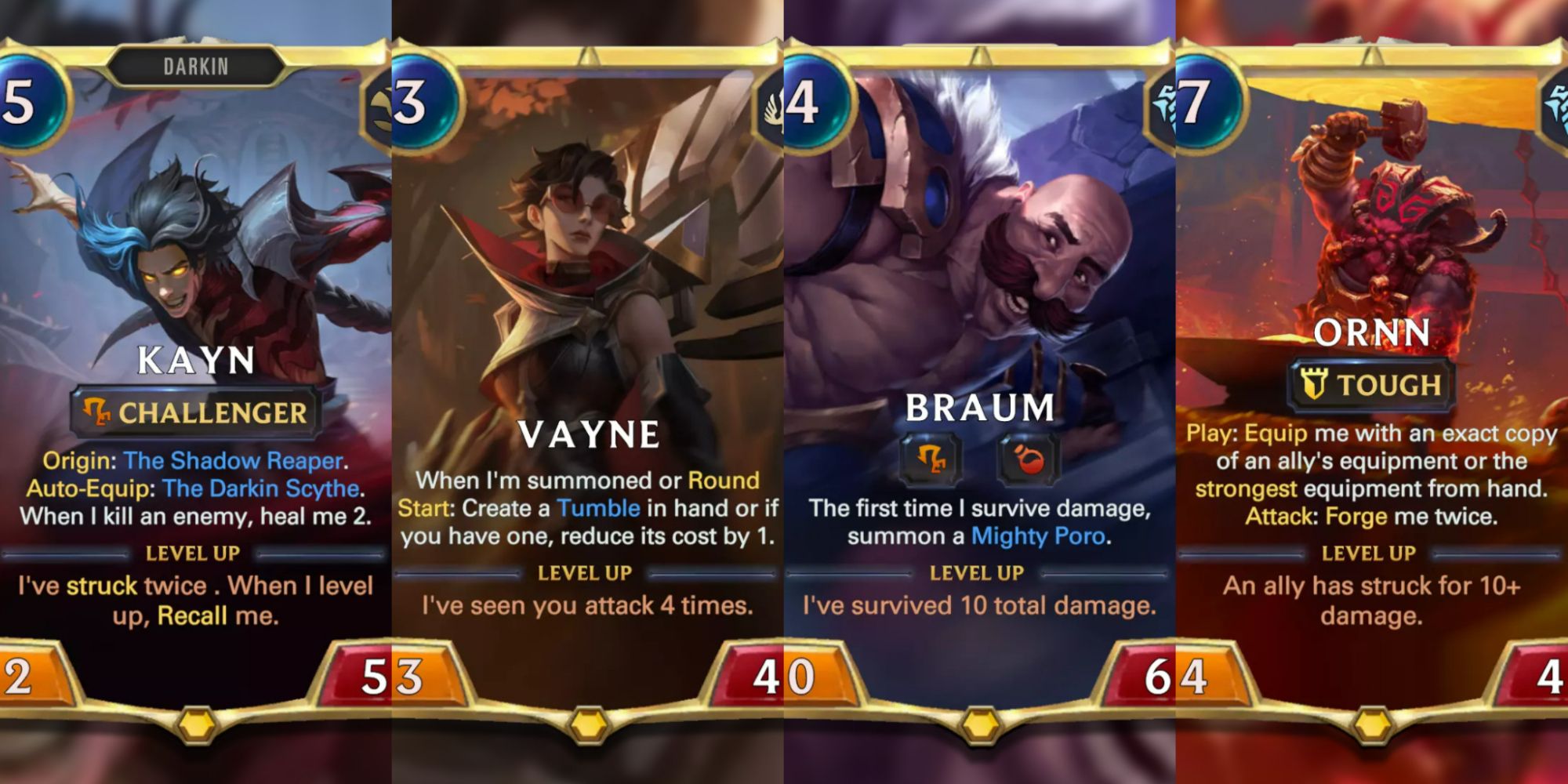 Legends of Runeterra split image of kayn, vayne, braum, and ornn cards