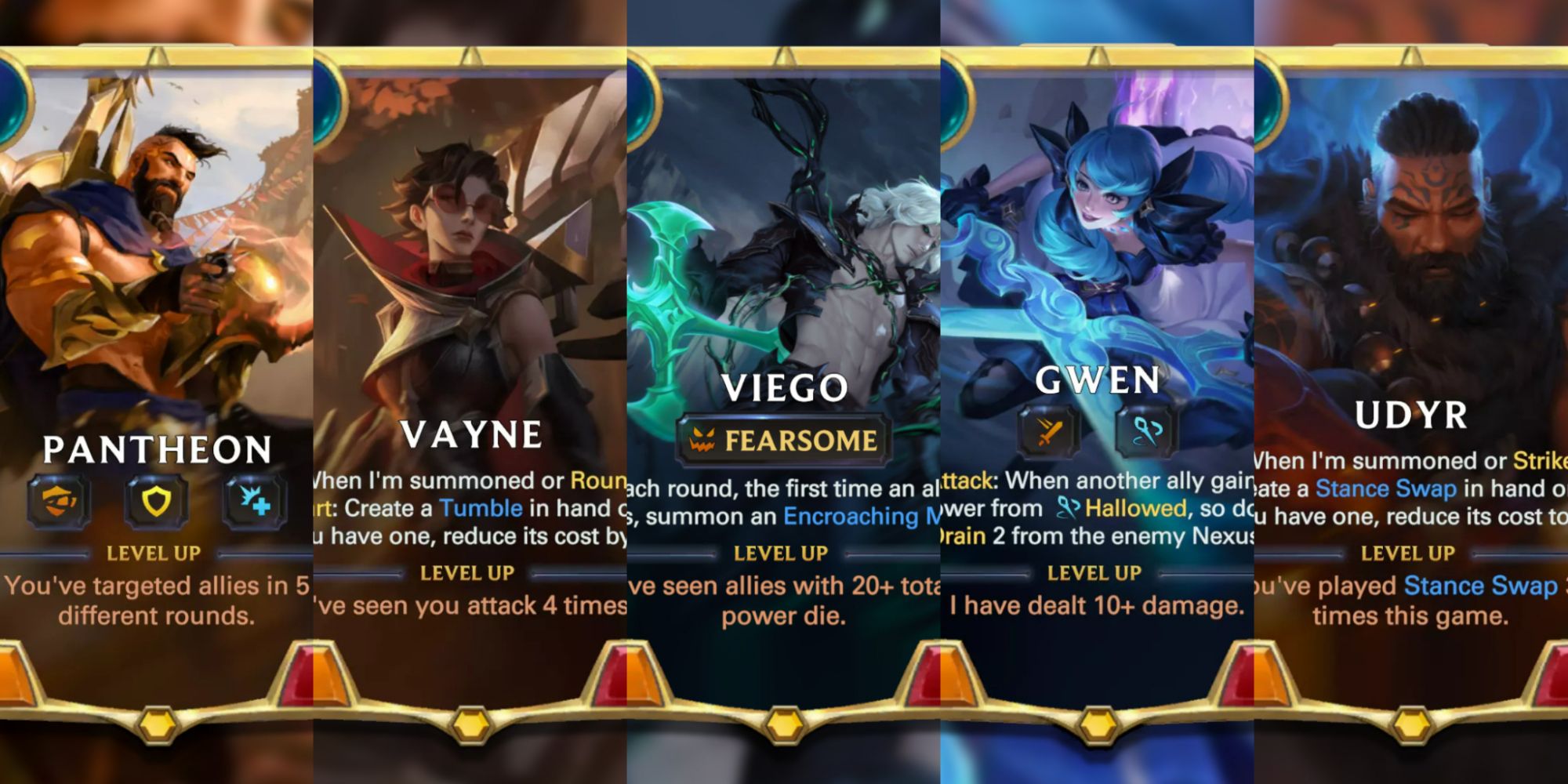 Legends of Runeterra split image of pantheon, vayne, viego, gwen, and udyr cards