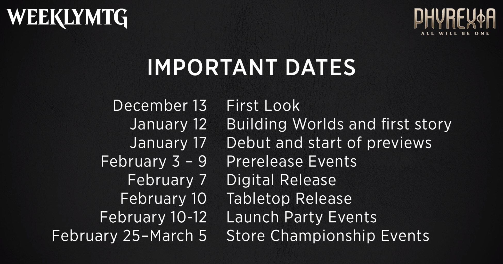 Magic Phyrexia All Will Be One Schedule