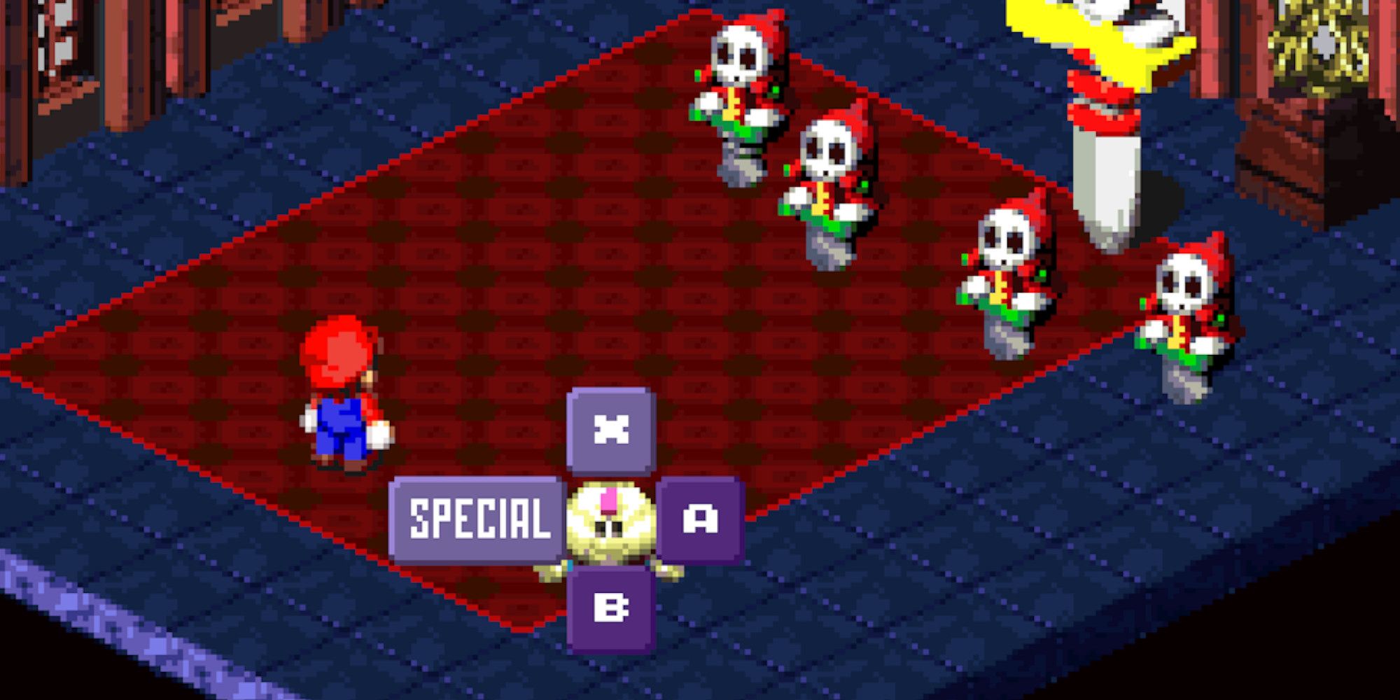 Mario and Mallow battling a gang of Pogo Shy Guys in Super Mario RPG