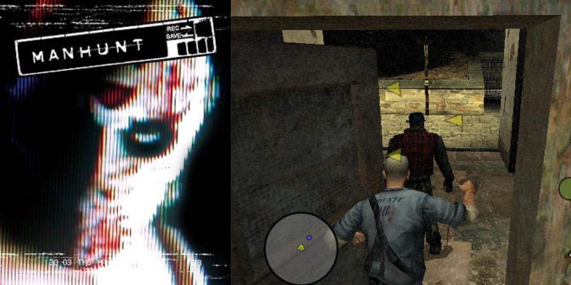 Manhunt cover art with in-game image of player creeping behind enemy