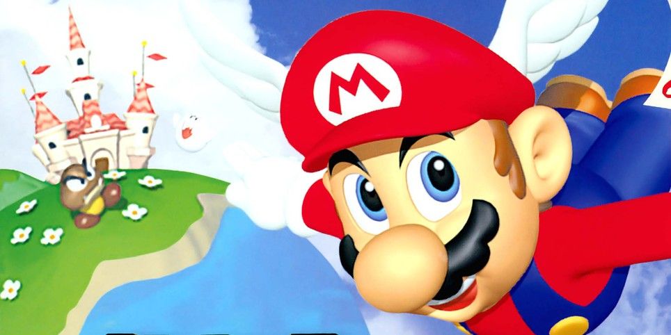 Cropped version of Super Mario 64 box art with Mario flying 