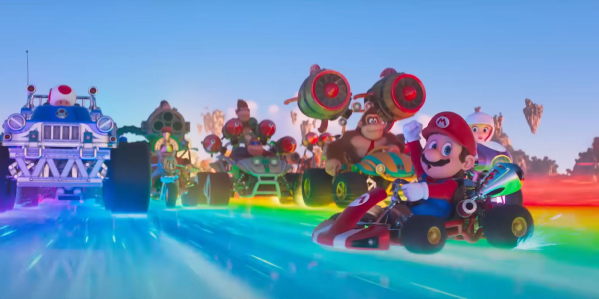 Mario Movie Trailer Mario Kart On Rainbow Road Funky Kong In Background