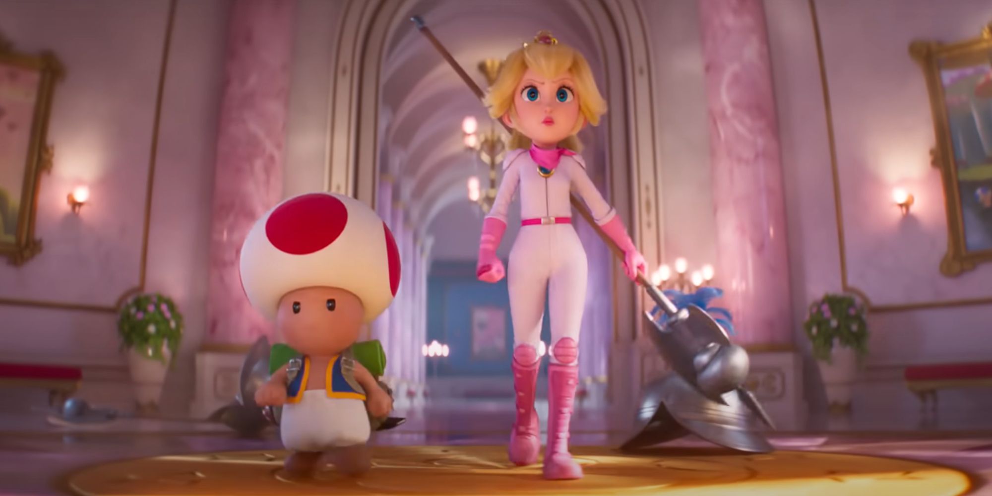 Mario Movie Trailer Peach Motorcycle Outfit With Weapon and Toad 